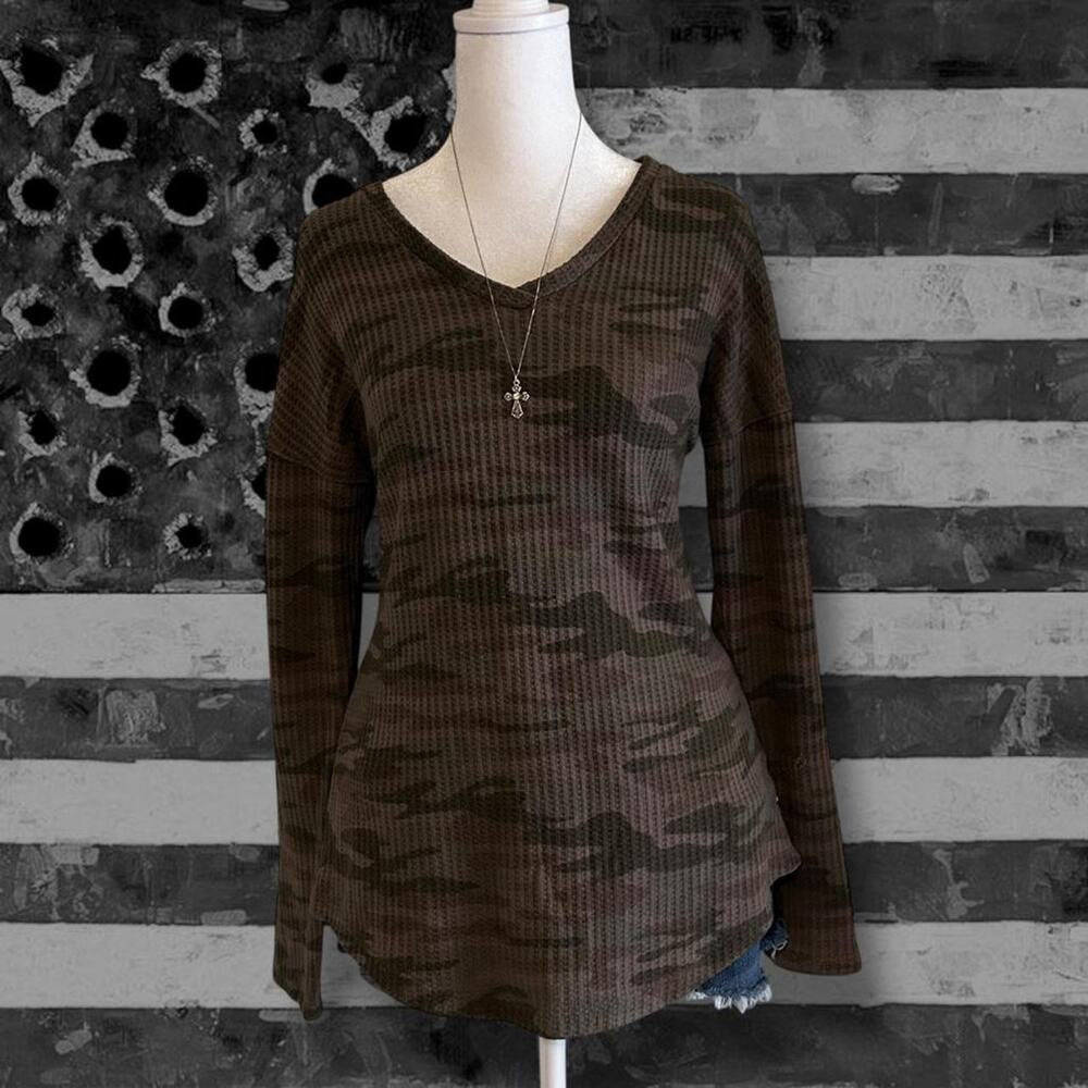 Soft waffle knit thermal textured camo khaki print western american girl core